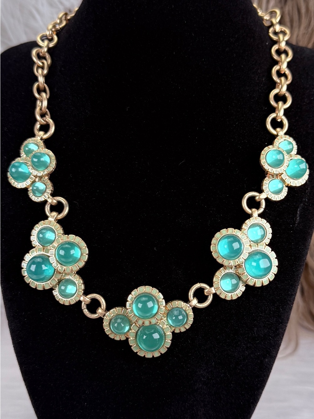 Estate Aqua Cabochon Gold Tone Statement Necklace weighted hinged 16”